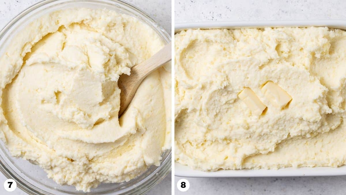 Mashed potatoes in glass bowl with spoon and in casserole dish with butter pats on top. 