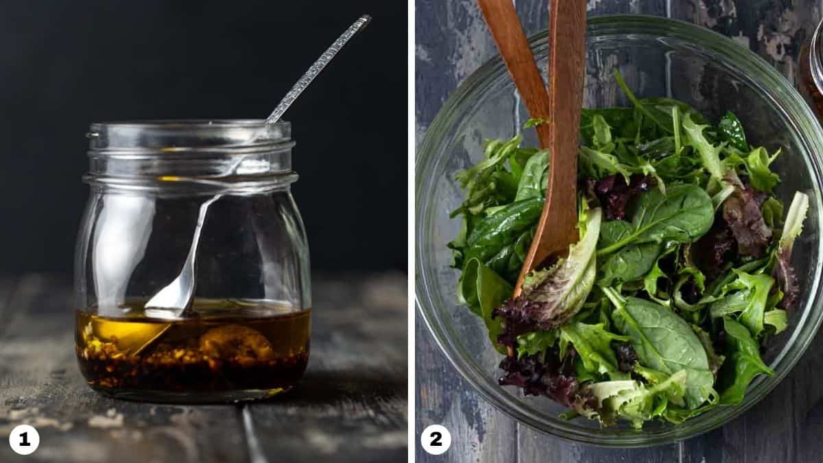 Steps 1 and 2 for making a Pear Salad with Maple Vinaigrette. 