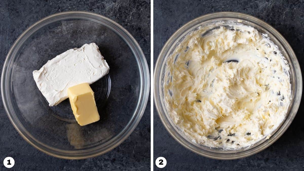 Steps 1 and 2 for making cream cheese pumpkin dip. 