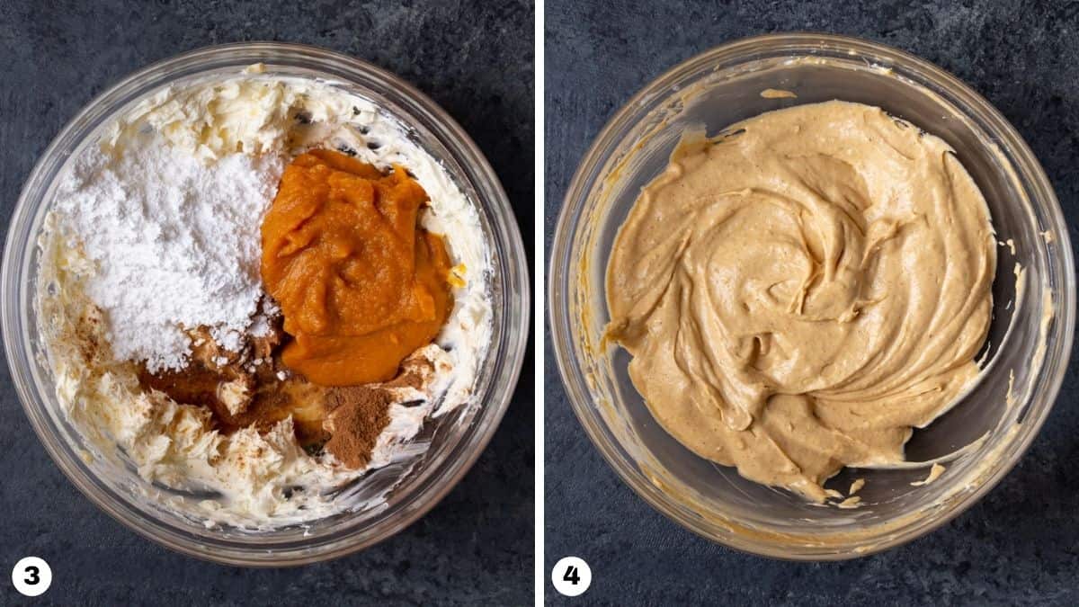 Steps 3 and 4 for making cream cheese pumpkin dip. 