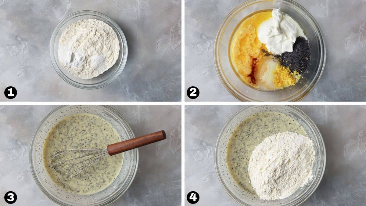 Mixing dry and wet ingredients together to make lemon poppy seed bread. 