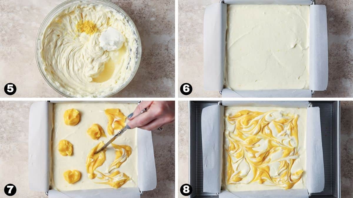 Steps 5-8 for making lemon cheesecake bars. 