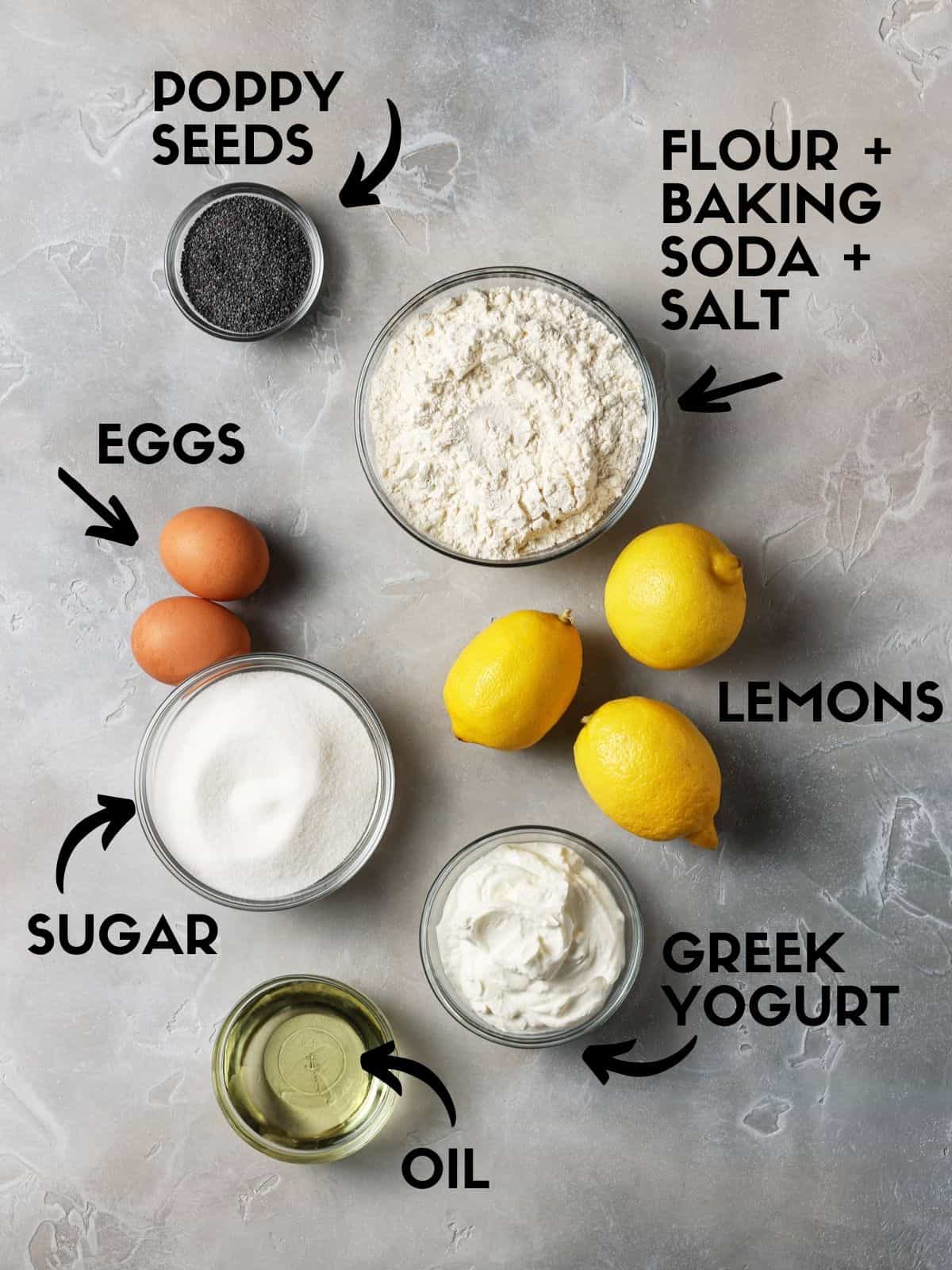 Ingredients for lemon poppy seed bread made with greek yogurt. 