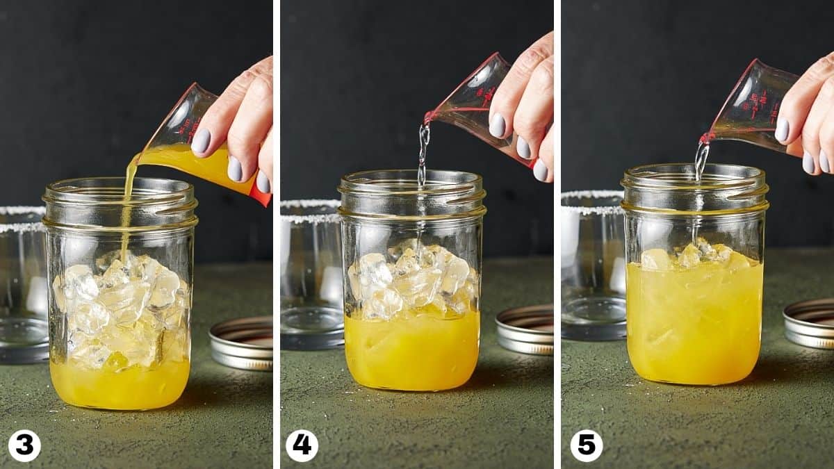 Adding juice and liqueurs to a cocktail shaker filled with ice. 