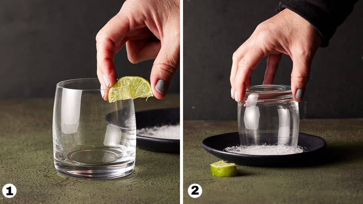 Rimming cocktail glass with lime wedge and salt. 