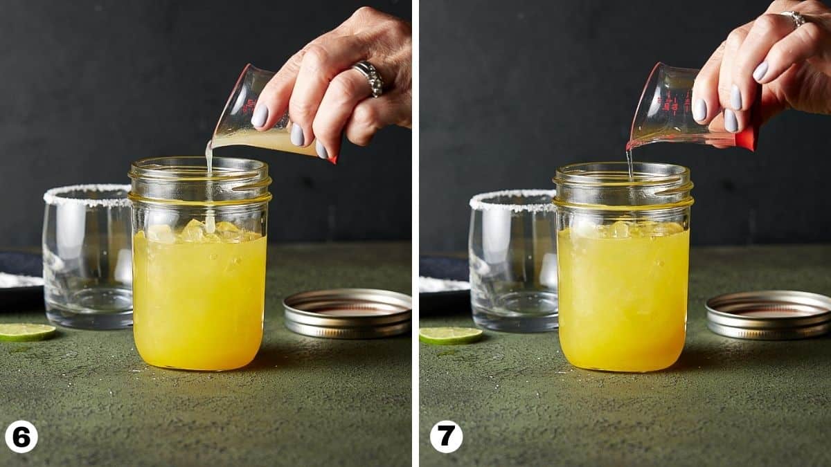 Adding liqueur and juice to a mason jar cocktail shaker filled with ice. 