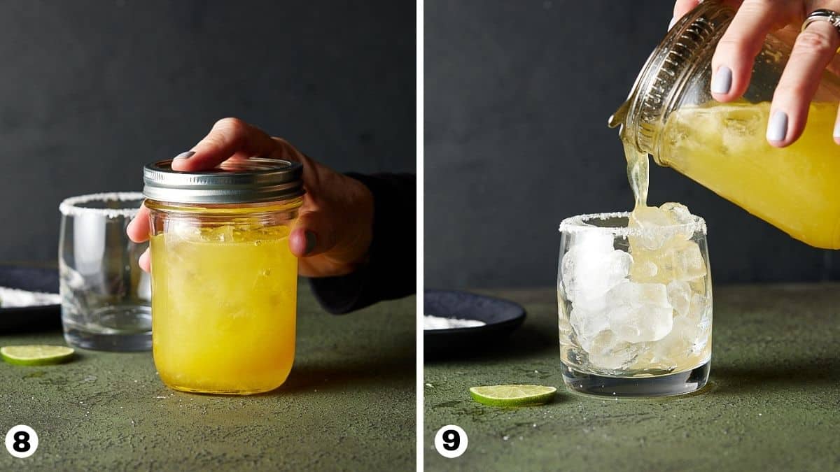 Shaking cocktail in mason jar and pouring into cocktail glass filled with ice. 