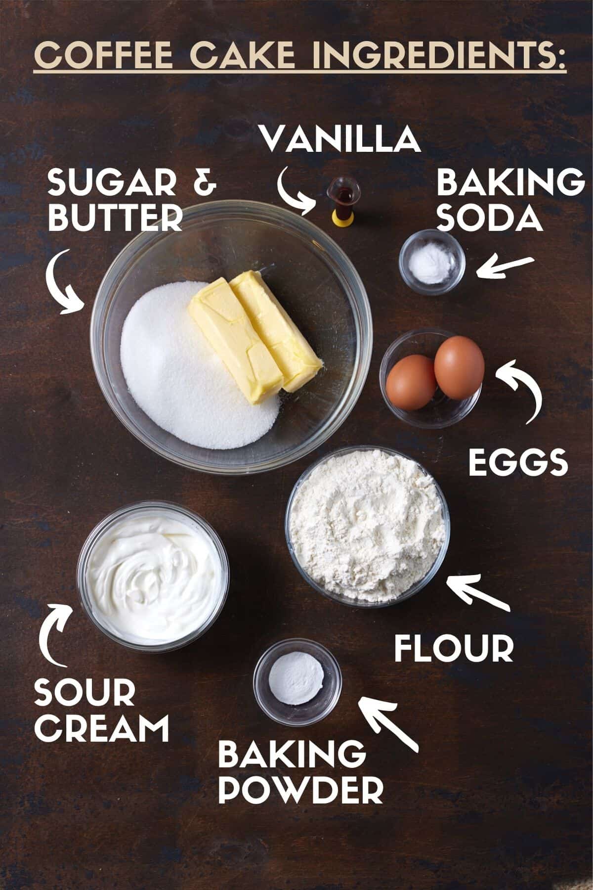 Sour Cream Coffee Cake ingredients, including butter, sour cream, sugar, eggs & flour. 