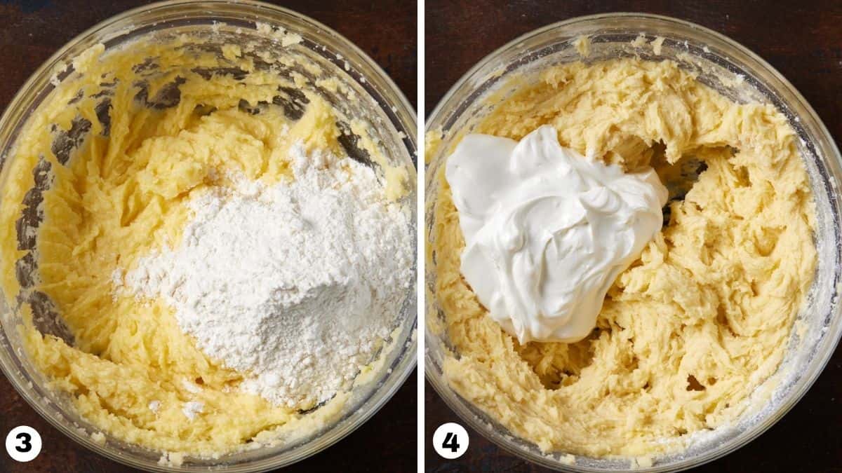 Sour cream coffee cake batter with flour and sour cream in a glass bowl. 