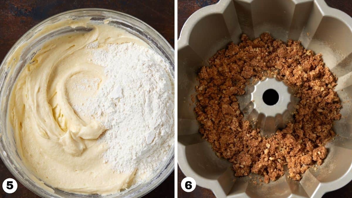 Sour cream coffee cake batter in glass bowl and streusel sprinkled in bottom of bundt pan. 