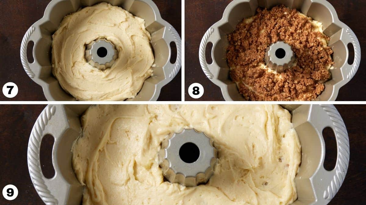 Bundt pan filled with coffee cake batter and cinnamon streusel. 