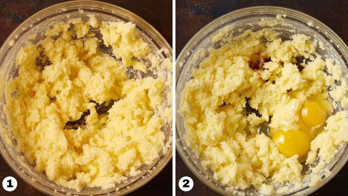 Butter and eggs in a mixing bowl. 