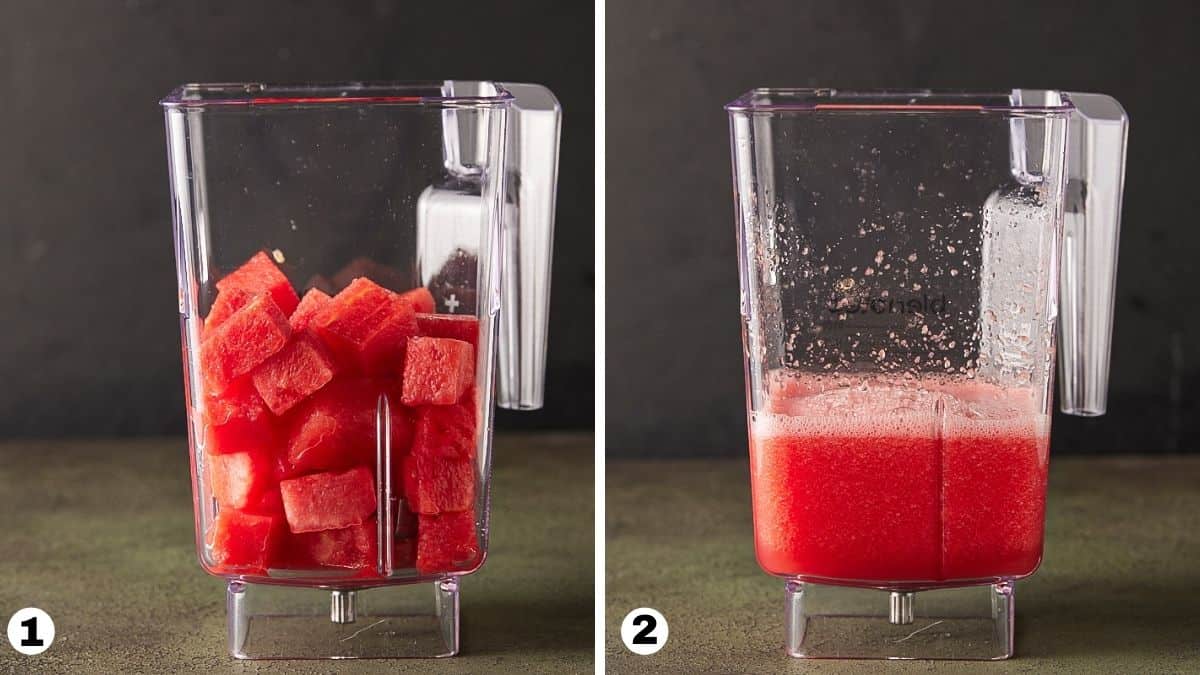 Watermelon chunks in a blender and pureed. 