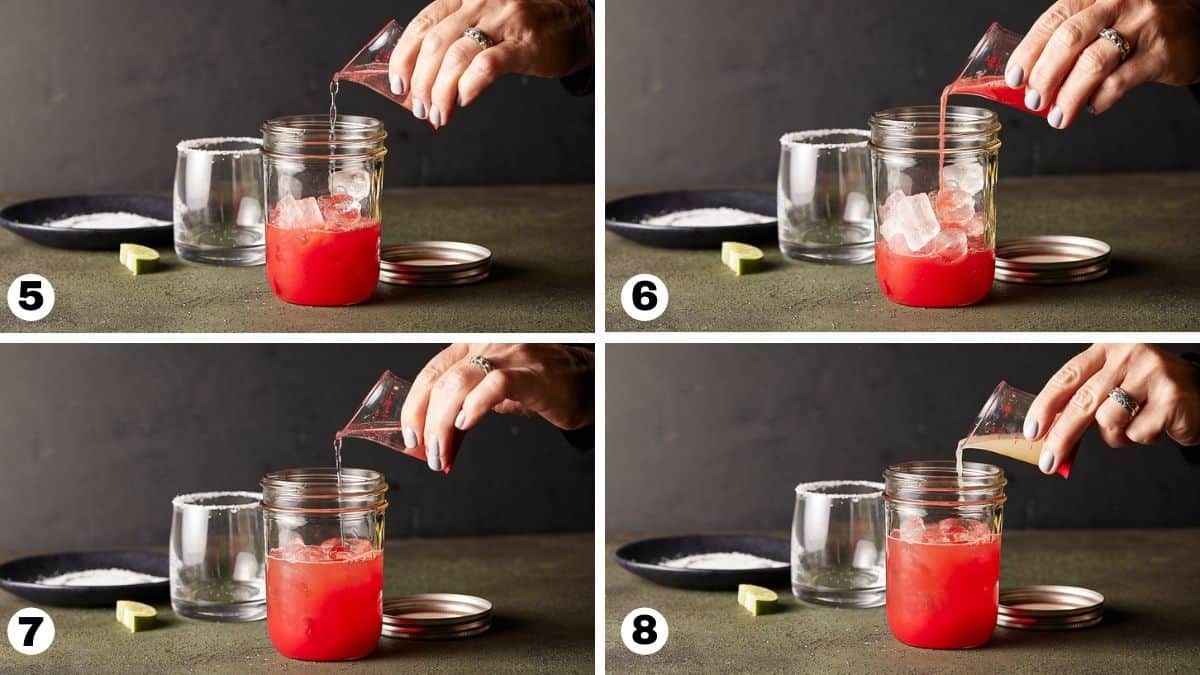 Pouring liqueurs into mason jar to make watermelon margaritas. 