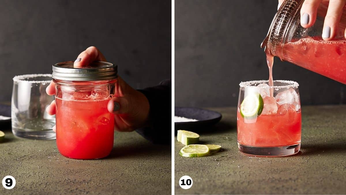 Pouring watermelon margarita into ice-filled cocktail glass garnished with lime wheel. 