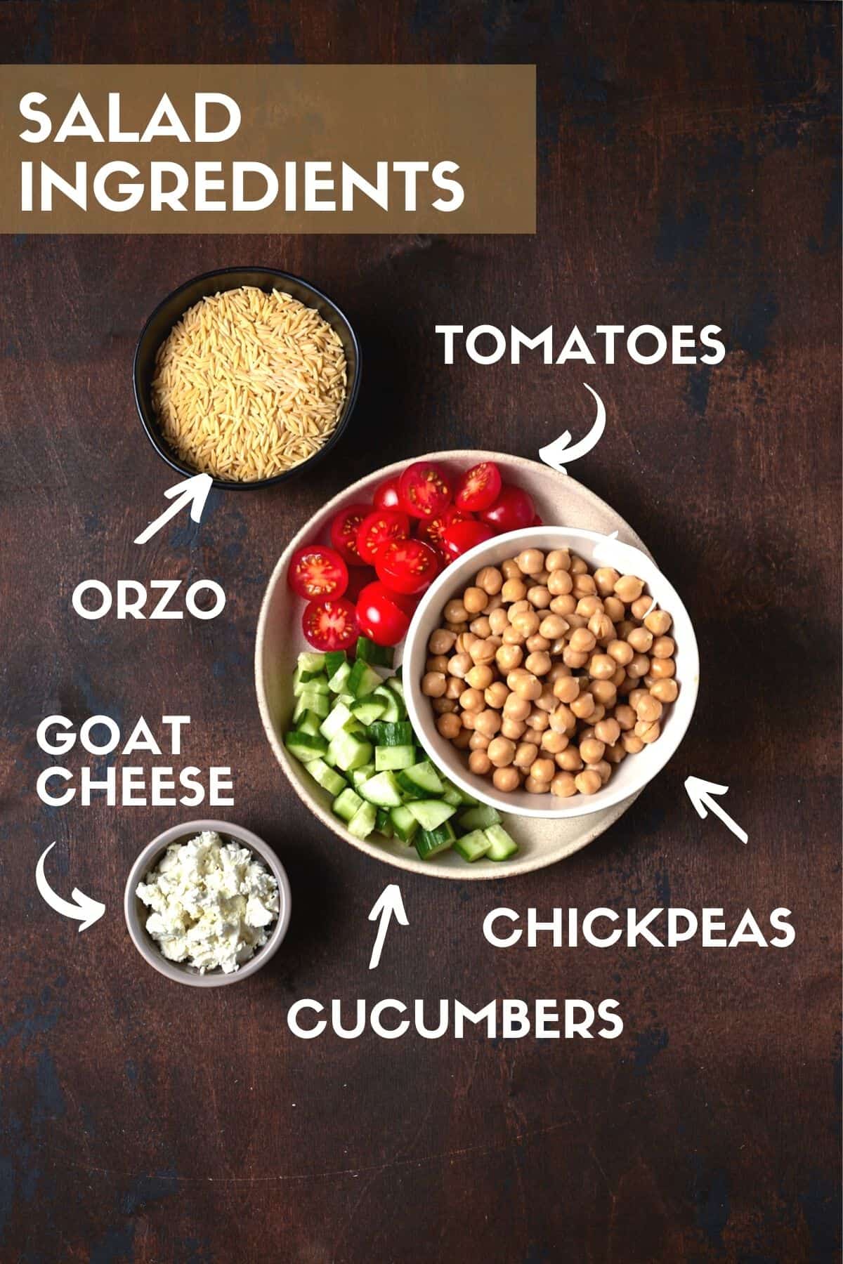 Ingredients for Orzo and Chickpea Salad including chickpeas, cucumbers, tomatoes, orzo and goat cheese. 