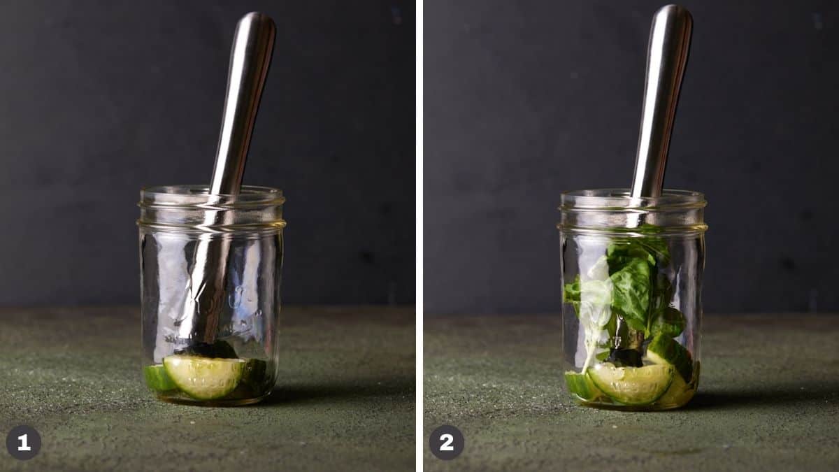 Muddler in mason jar with cucumber and basil. 