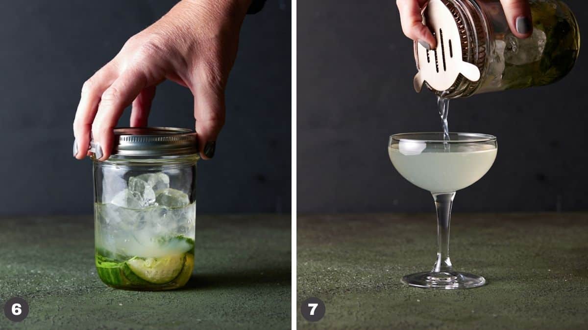 Hand holding mason jar straining contents into glass. 