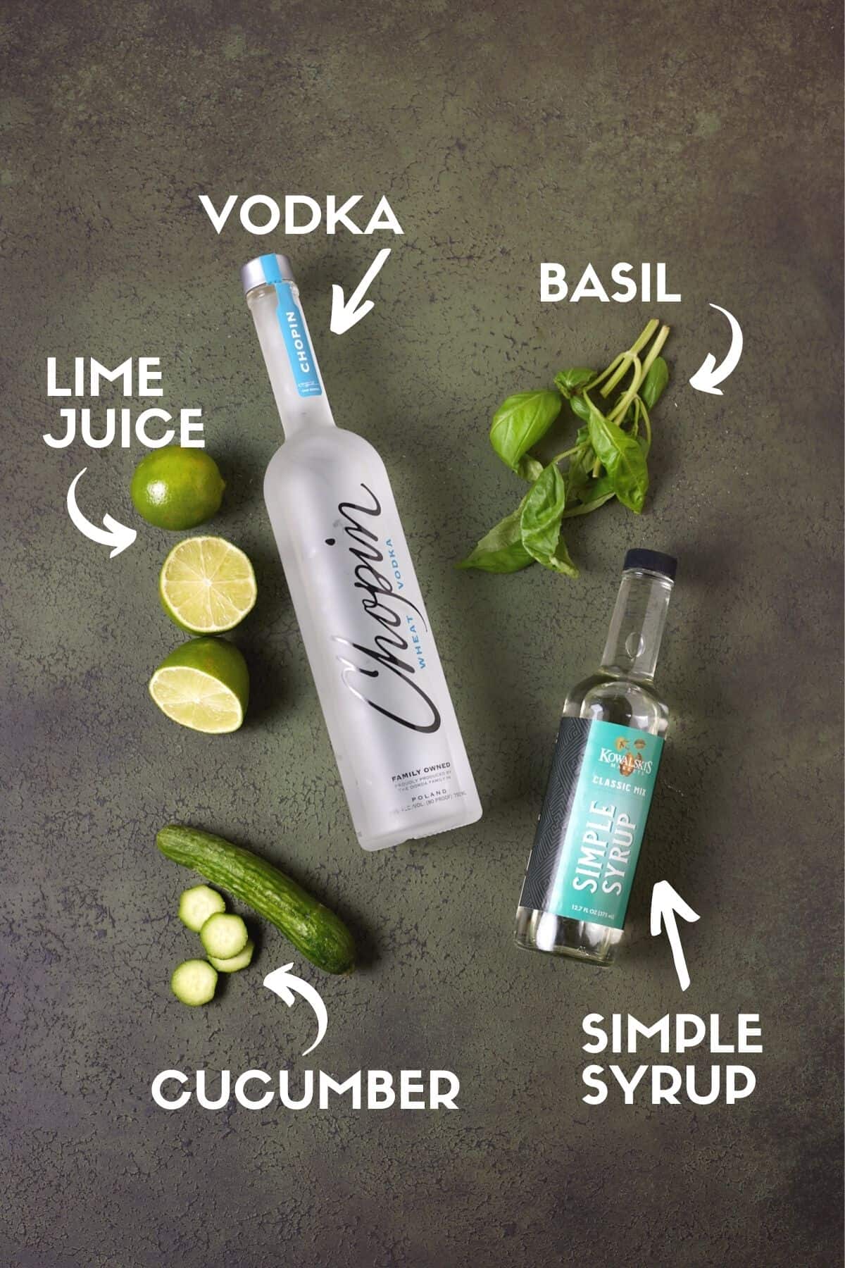 Ingredients for cucumber gimlet, including vodka, cucumbers, basil, lime juice & simple syrup. 