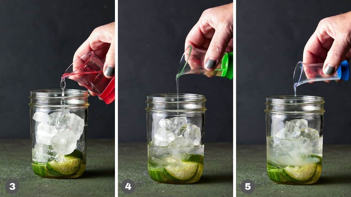 Jiggers pouring liquor into mason jar. 