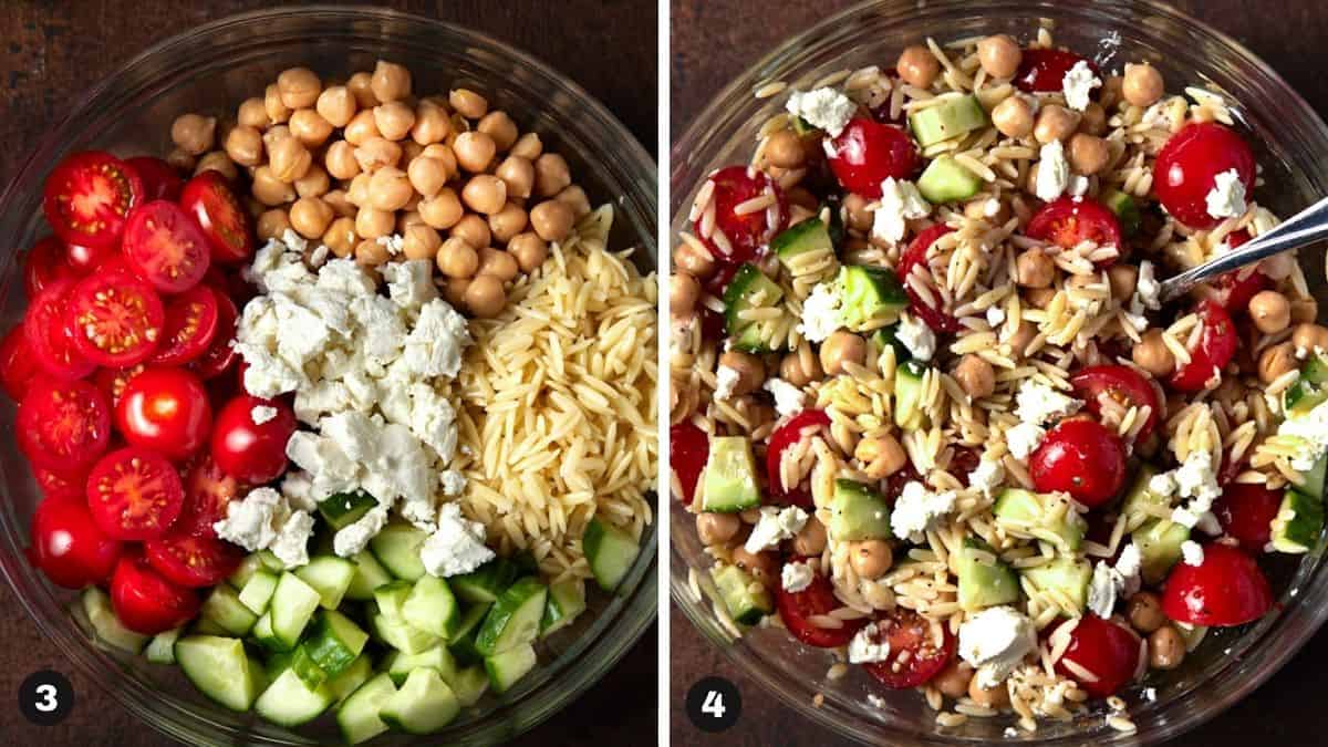 Orzo and Chickpea salad recipe ingredients in a glass bowl. 