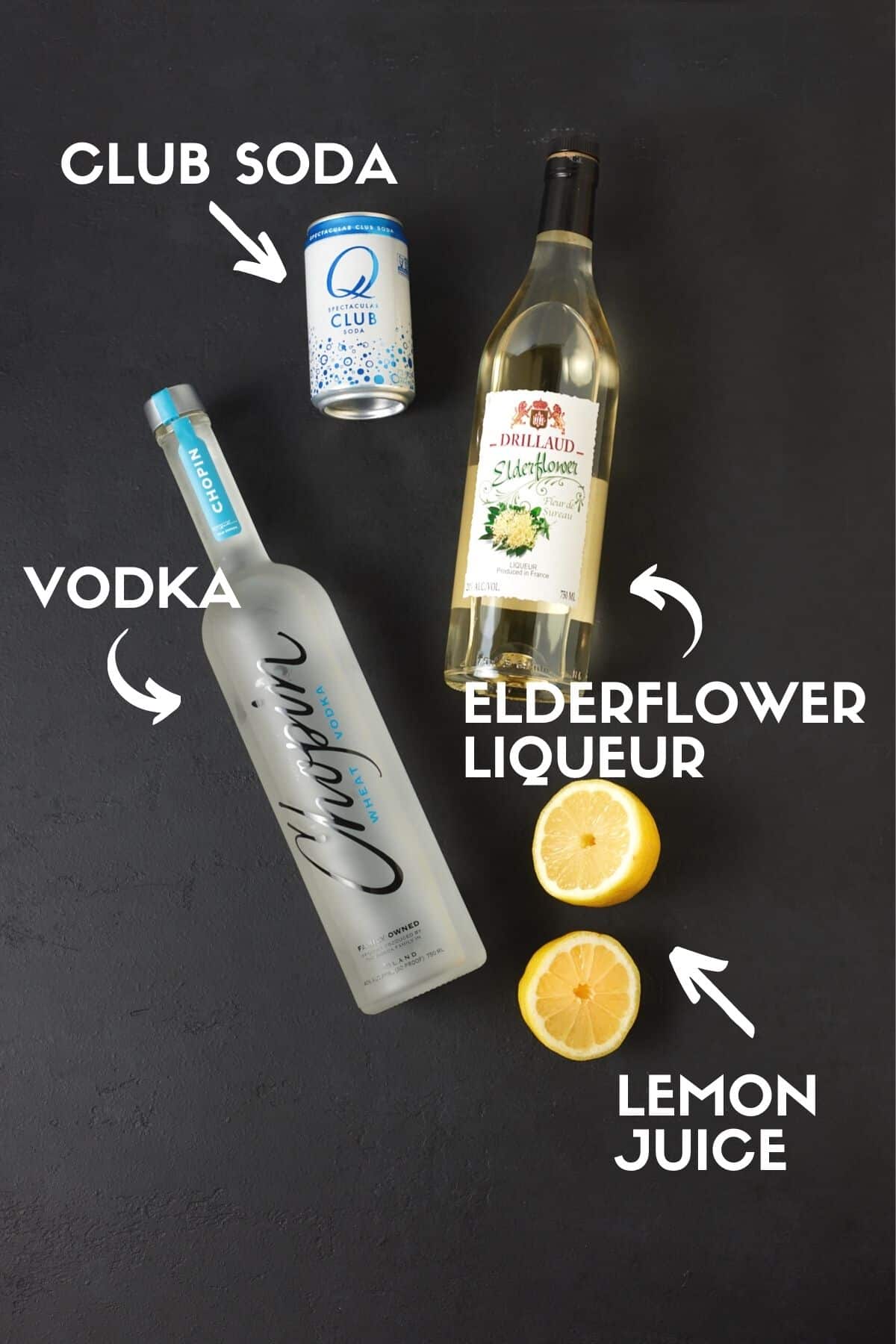 Ingredients for Elderflower Vodka Soda drink, including vodka, club soda and lemon juice.