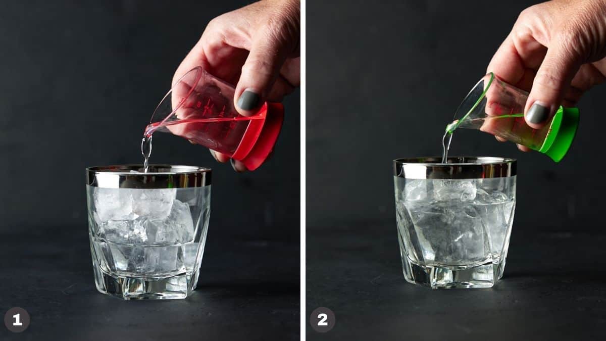 Hand pouring spirits into an ice-filled glass. 