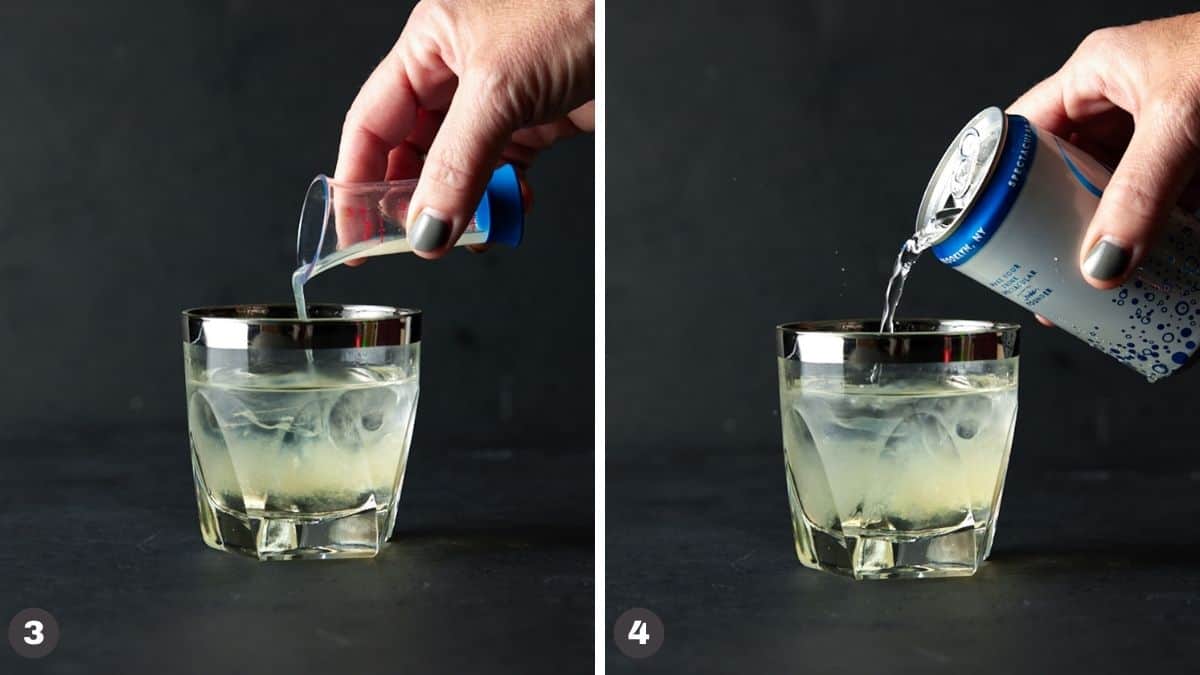 Hand pouring juice and club soda into lowball glass filled with ice. 