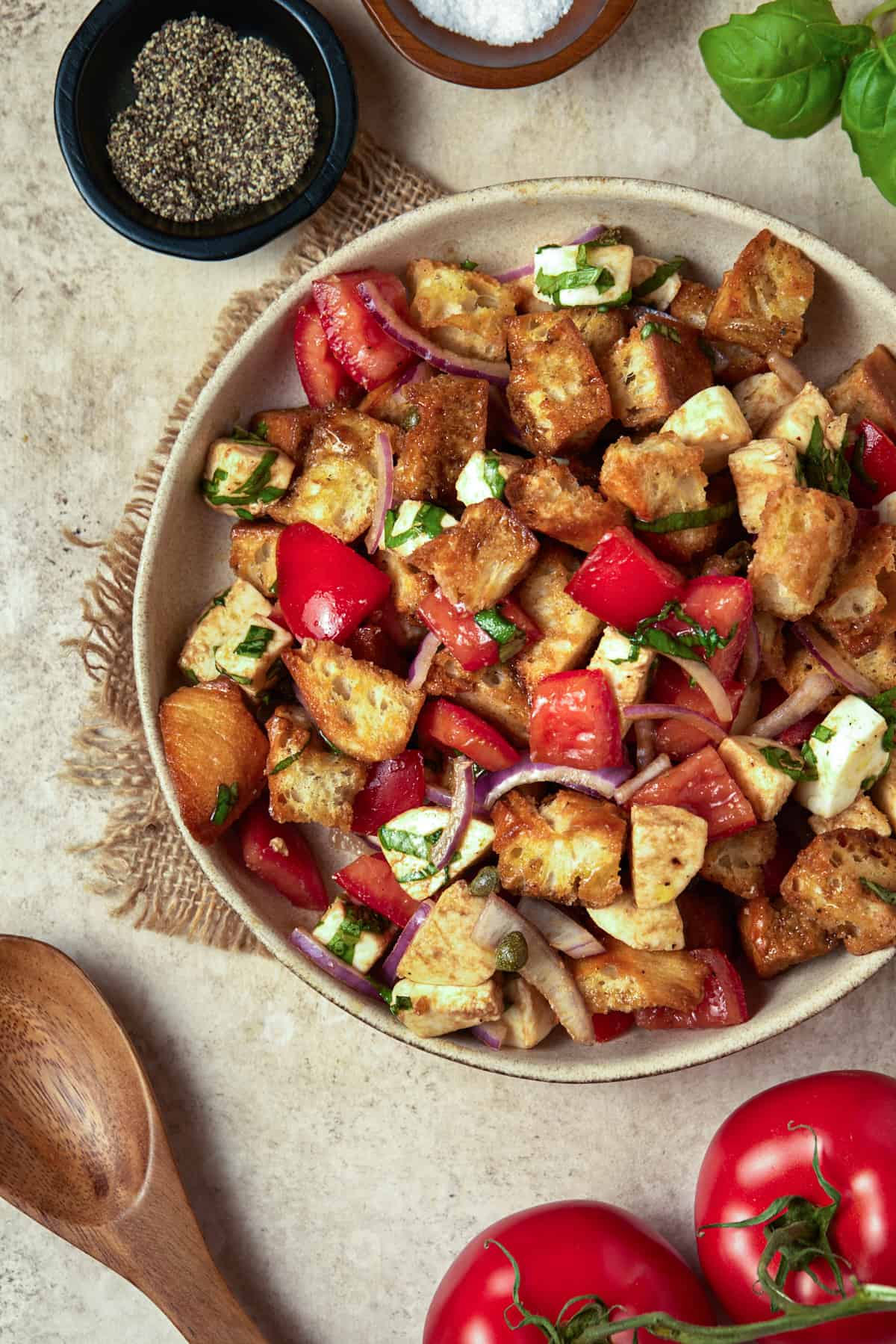 Bread and tomato salad in a ceramic bowl. 