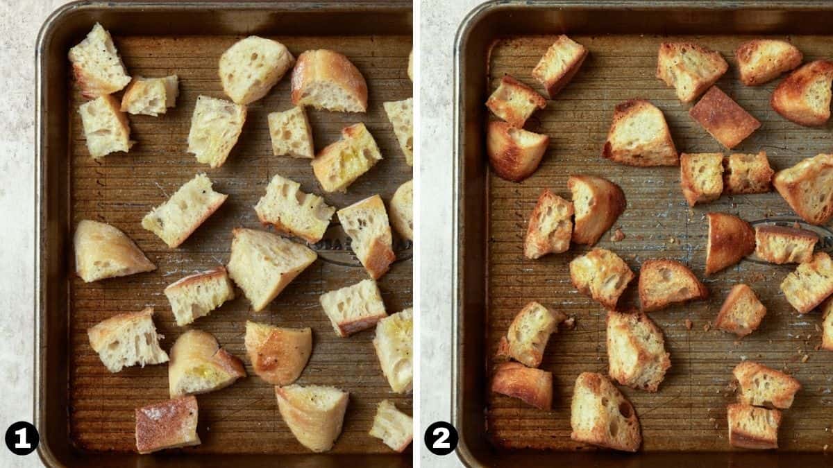 Toasted bread cubes on a sheet pan. 