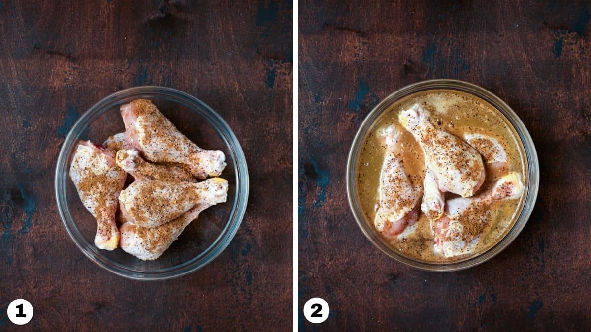 Chicken legs in a glass bowl with  marinade ingredients. 