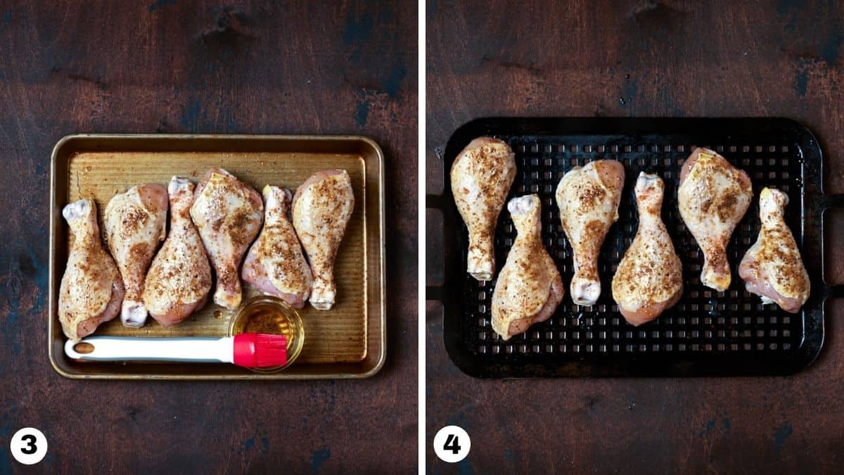 Chicken legs on sheet pan and grill pan. 