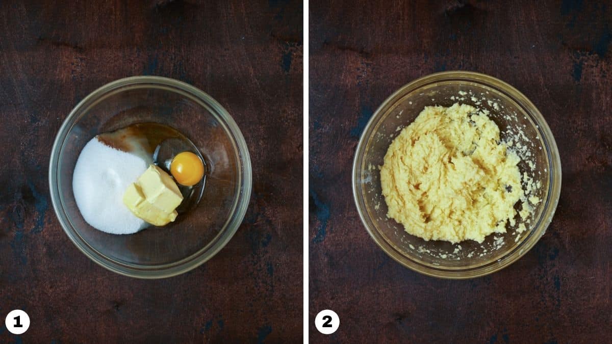 Glass bowl with butter, sugar, egg and vanilla. 