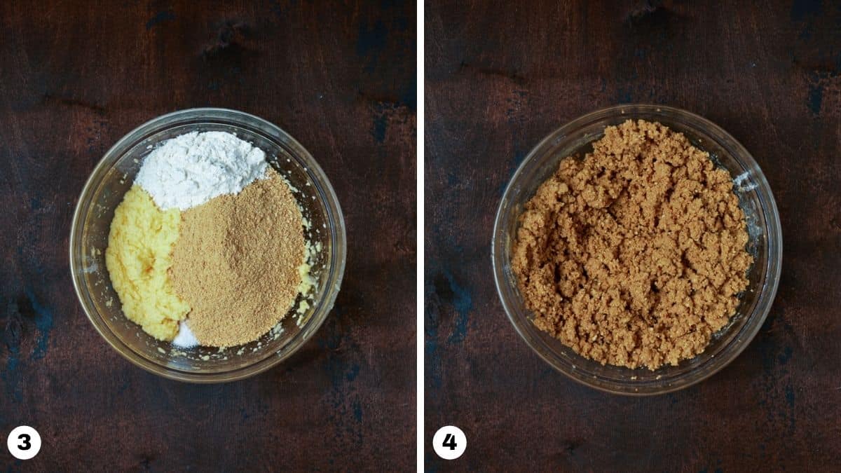 Glass bowl with graham cracker crust ingredients. 