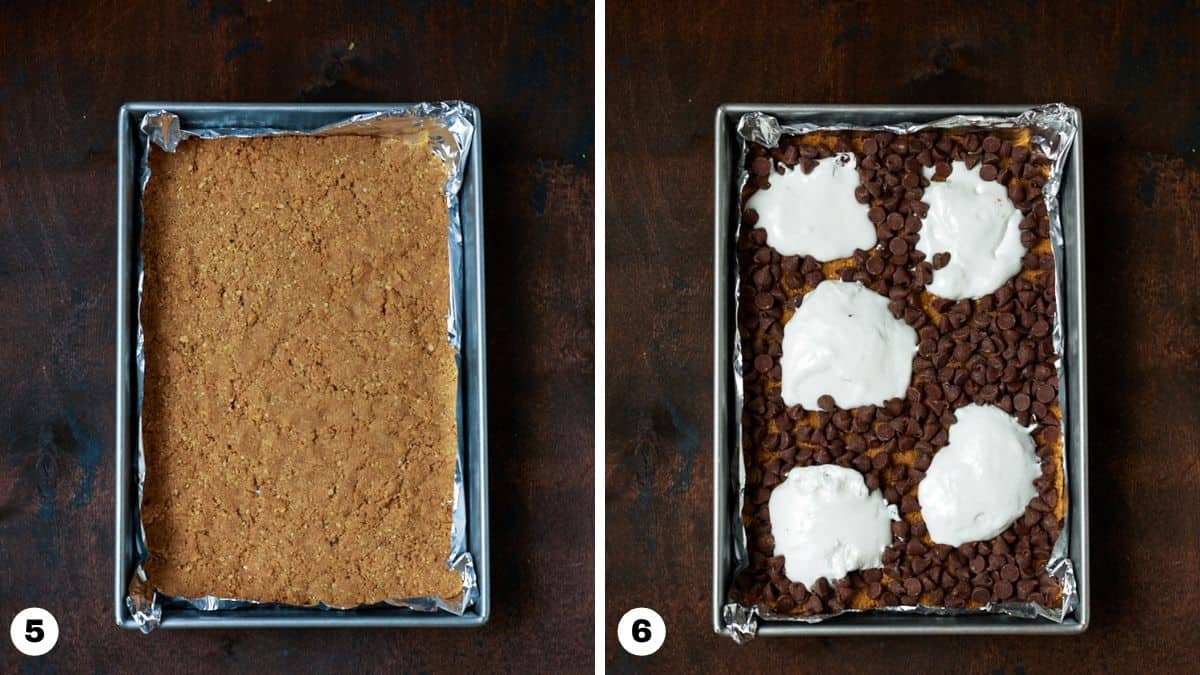 Graham cracker crust pressed into pan and topped with chocolate chips and marshmallow creme. 