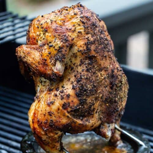 Whole seasoned chicken on the grill.