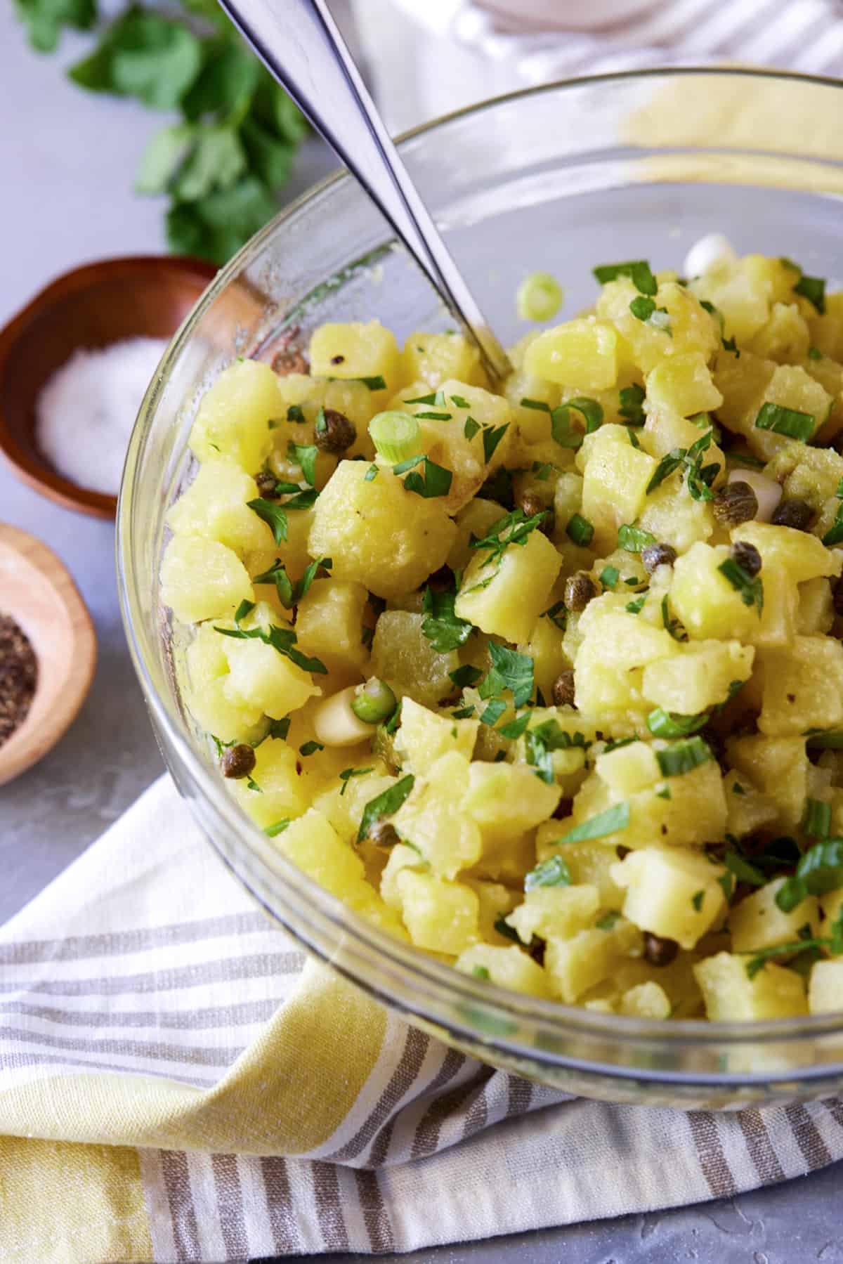 Bowl of potato salad on table with salt and pepper.