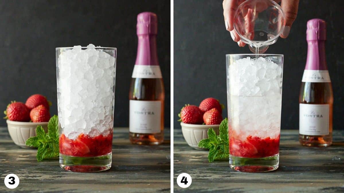 An ice filled highball glass with muddled strawberries, mint and rum. 