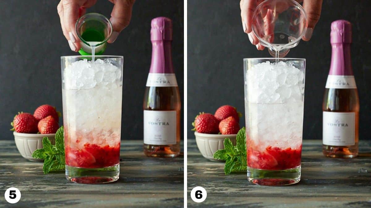 Hand pouring lemon juice and simple syrup into the highball glass. 