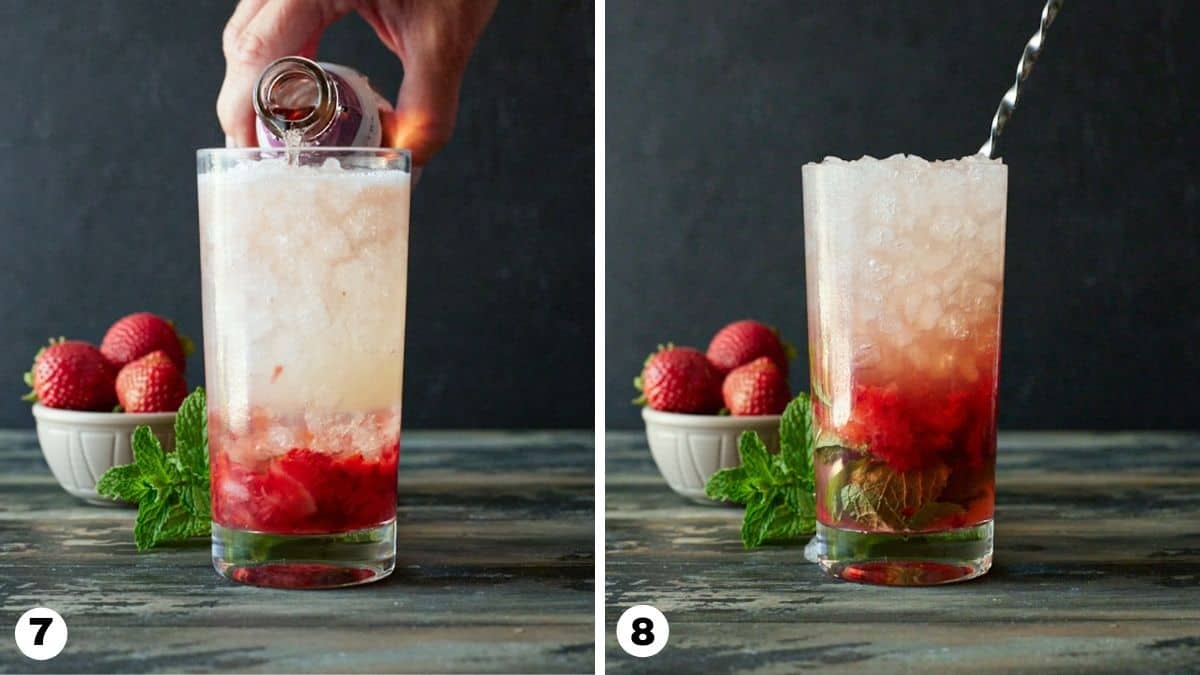 Topping glass with sparkling Rosé wine and mixing with bar spoon.