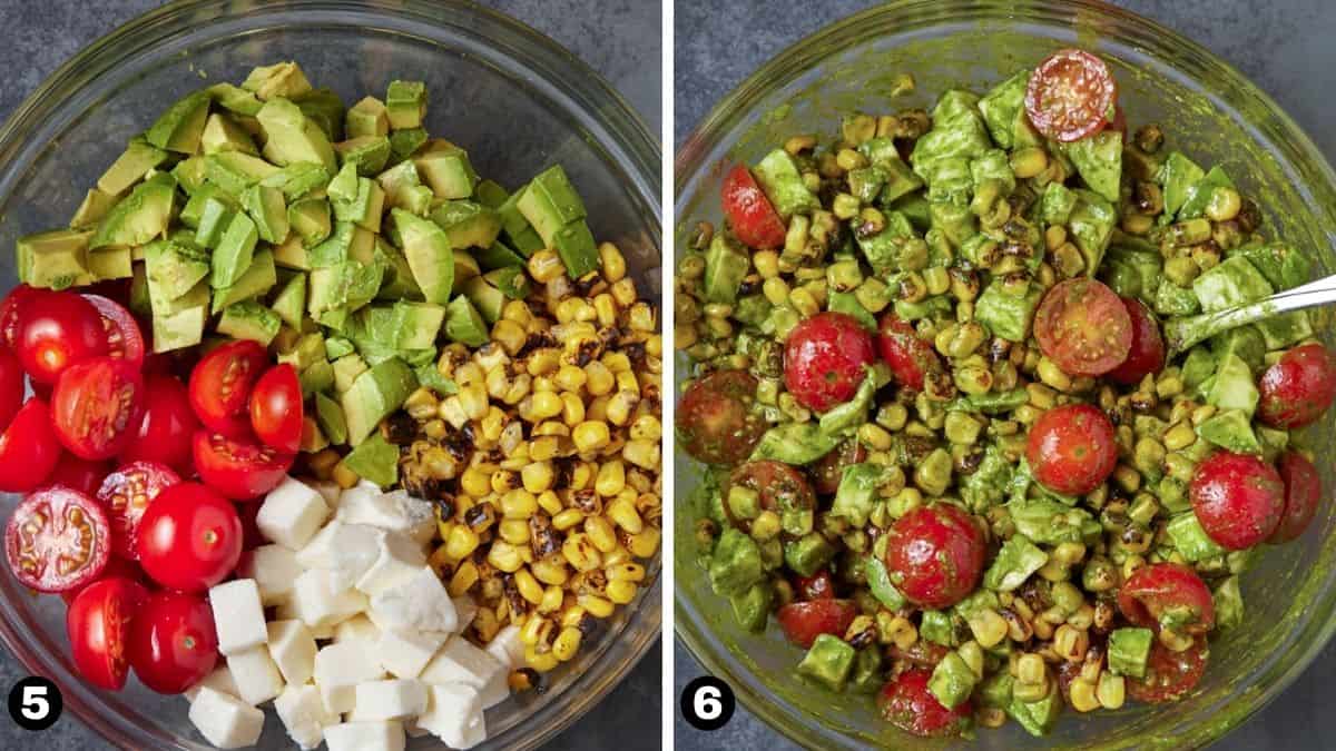 Grilled corn salad ingredients mixed together in a glass bowl. 