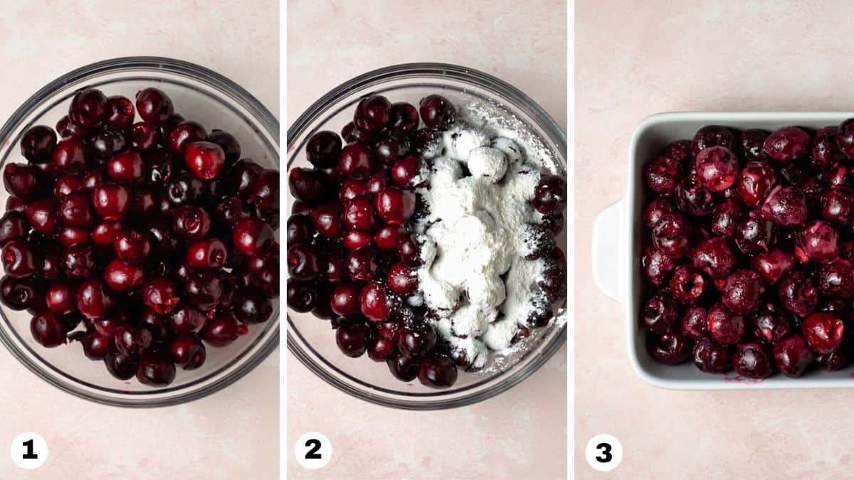 Steps 1-3 for making a cherry crisp: adding pitted cherries to bowl, stirring in sugar and corn starch, and adding to pan. 