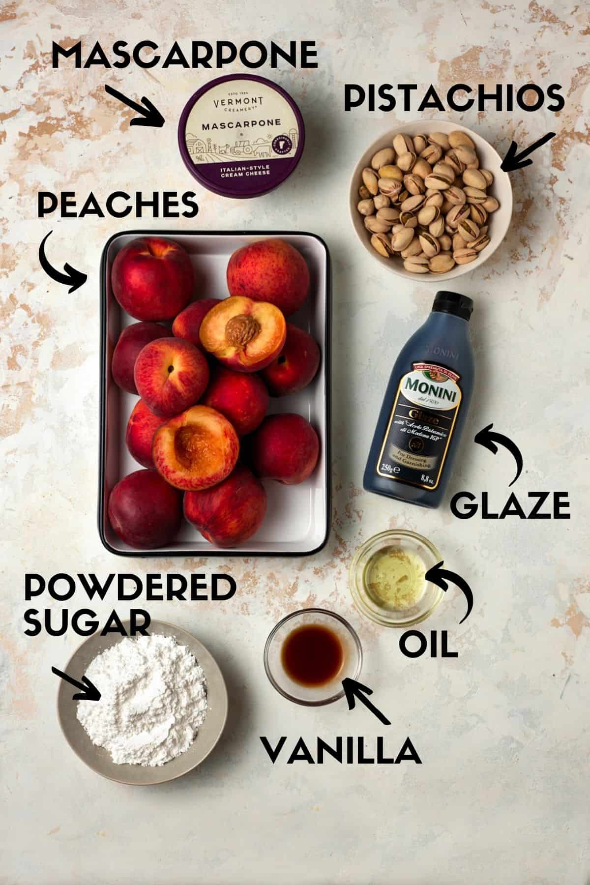 Ingredients for Grilled Peaches including peaches, pistachios and mascarpone cheese. 