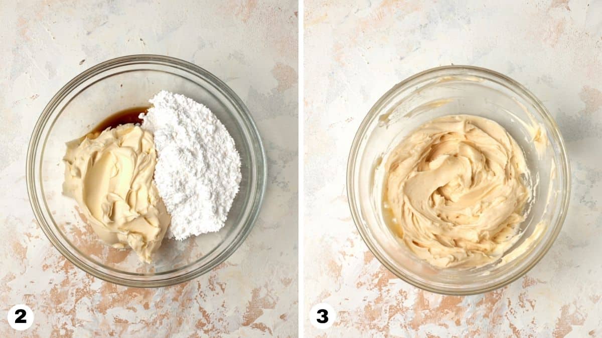 Mascarpone cheese and powdered sugar mixed together in a glass bowl. 