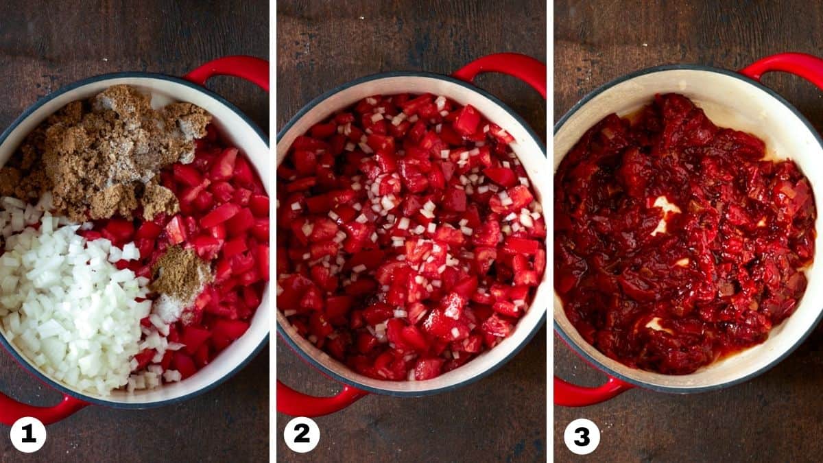 Tomato jam ingredients in a red dutch oven. 