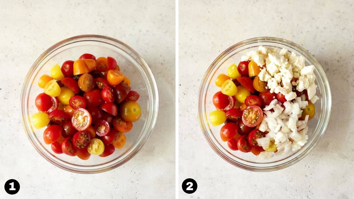 Cut tomatoes in a glass bowl with chopped onion and feta cheese. 