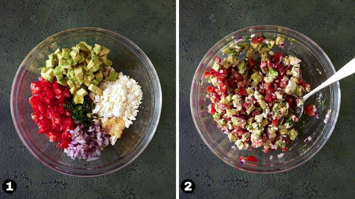 Avocado salsa ingredients in a bowl stirred together with a spoon.