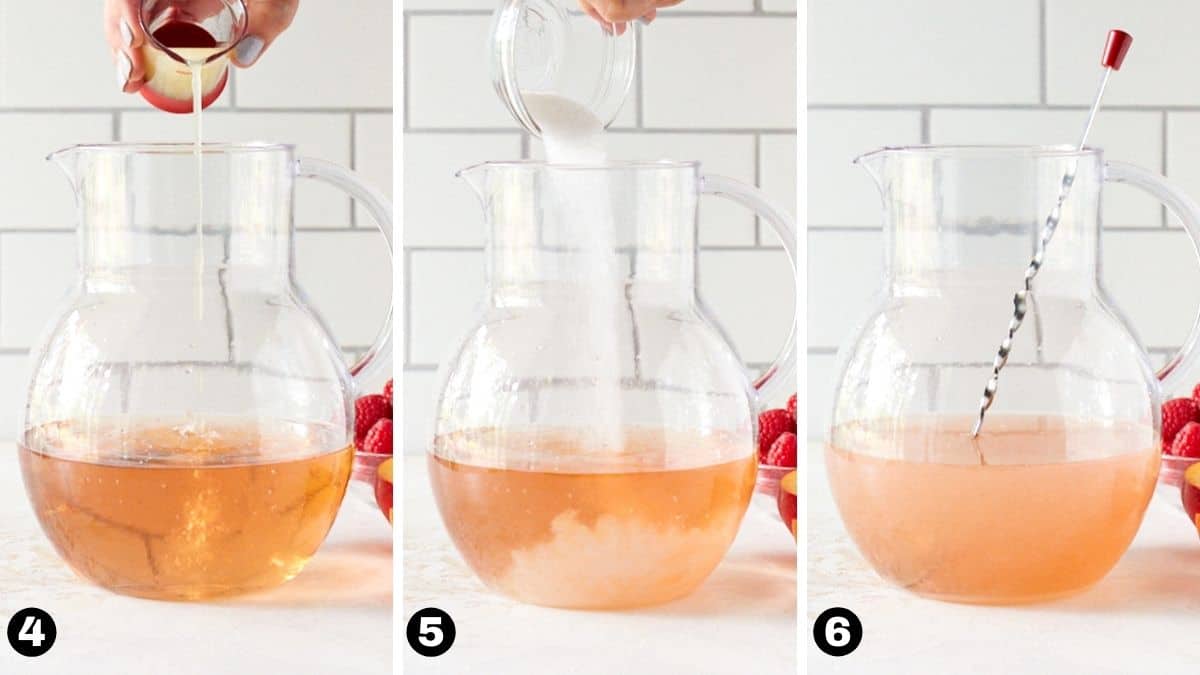 Hand pouring lemon juice and sugar into pitcher and stirring with spoon. 