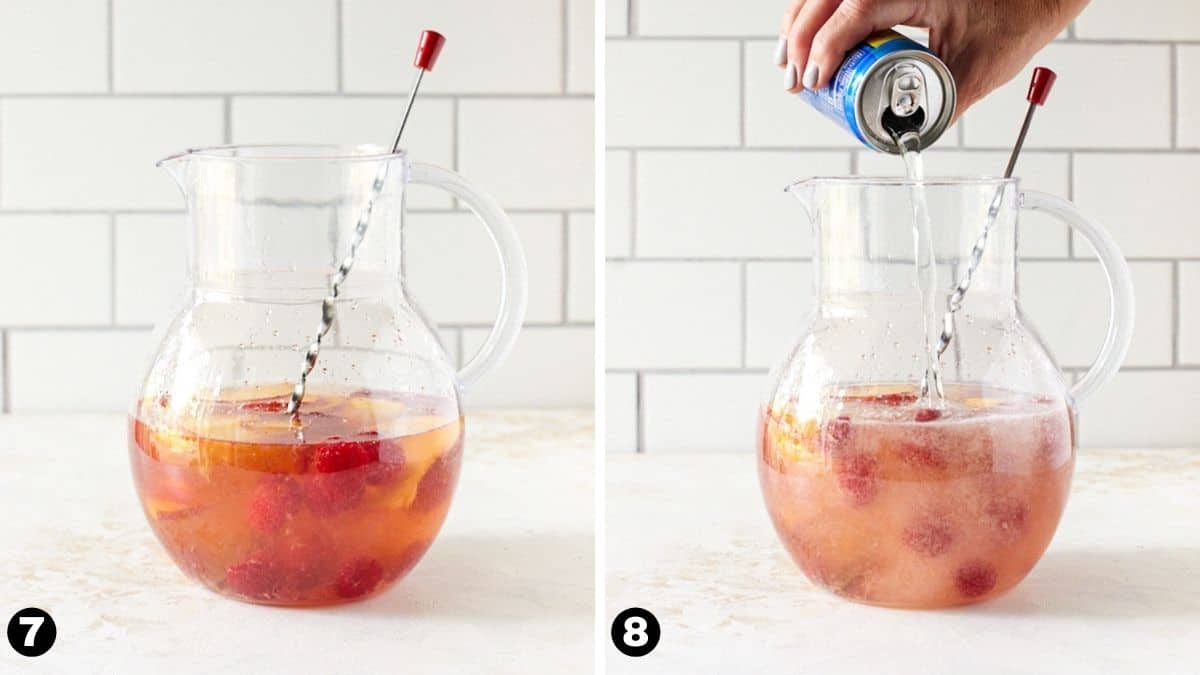 Peaches and raspberries in pitcher. Hand pouring club soda into pitcher. 