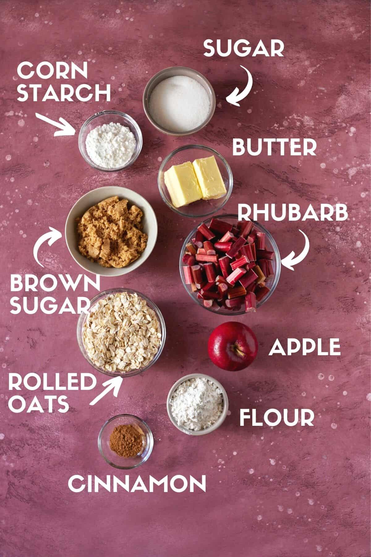 ingredients needed for apple rhubarb crisp.